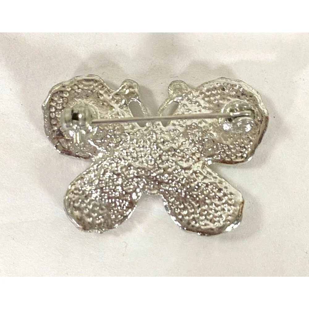 Butterfly Brooch Vintage 1980s Baby Blue Gems Cream Silver Tone Flaws